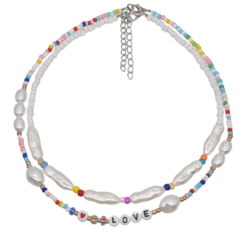 

European and American Combination Letter Love Baroque Pearl Necklace Women's Creative Color Rice Beads Clavicle Chain