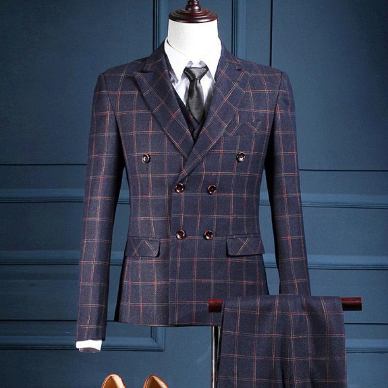 

Large Size Three Pieces Double Breasted Suit for Men Business Professional Formal Suit Groom Wedding Plaid Terno Masculino, Multi