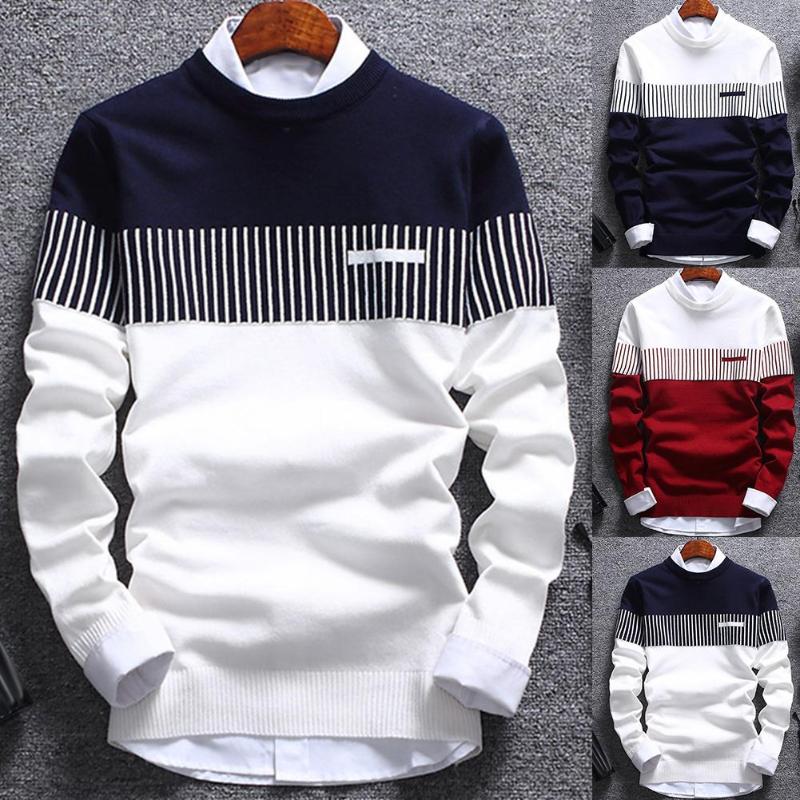 

Fashion Men Sweater Color Block Patchwork O Neck Long Sleeve Knitted Sweater Top Blouse For Warm Men's Clothing, White