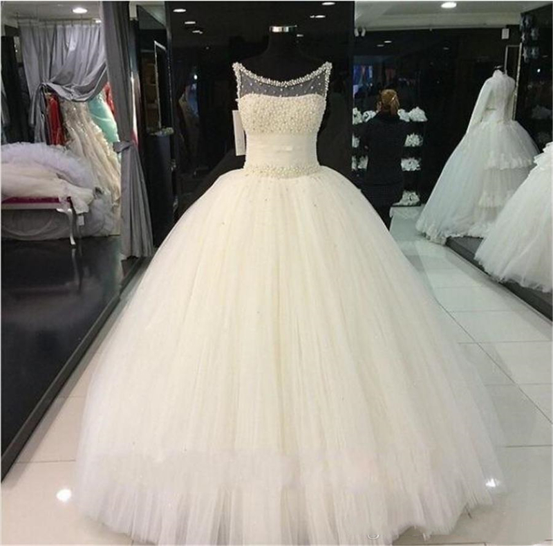 

New Bling Bling Crystals Illusion Neck Floor Length Real Pictures Beaded Tulle Princess Ball Gown Wedding Dress Bridal Gowns QC1508, Ivory