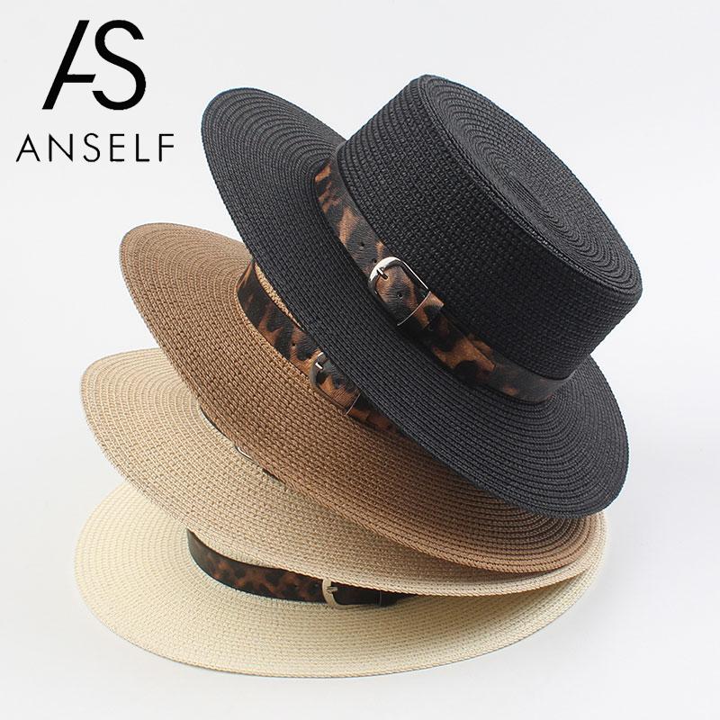 

Vintage Summer Hat Women Leopard Print Band Flat Top Adjustable Foldable Boater Straw Hat Casual Panama Vacation Cap Sun, White