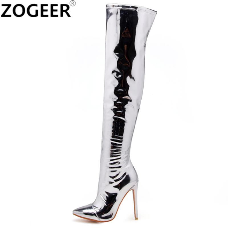 

Plus Size 48 Women Thigh High Boots Fashion Patent Leather Over The Knee Boots Sexy Nightclub Dance Ladies Silver Fetish Shoes