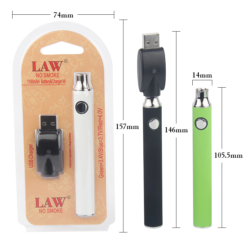 

New LAW Preheating VV Vape Pen 1100mah Battery With USB Charger Variable Voltage Preheat Battery 510 Thread Starter Kits Blister Pack