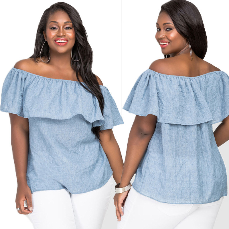 

Srpring Summer Sought-After Fashion Womens Plus Size Blouse Off Shoulder Loose Casual Tops 5XL Free shipping, Blue