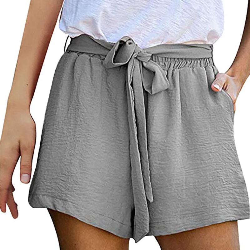 

Women' Loose Solid Cotton Shorts Side Pockets Elastic Waist Shorts With Sashes Female High Drawstring Waist 4 Colors, Black