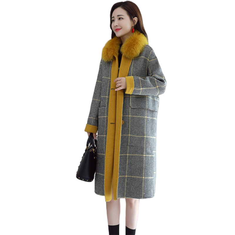 

Winter New Jacket Coat Women Korean loose Tartan Woolen coats Fur one long Warm lamb hair coats Quality Women's clothing F1132, Photo color