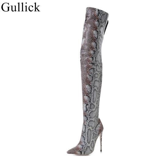 

Snakeskin Women Boots Pointed Toe High Heels Over The Knee Boots Sexy Snake Print Leather Side Zipper Long Winter Shoes, As pic