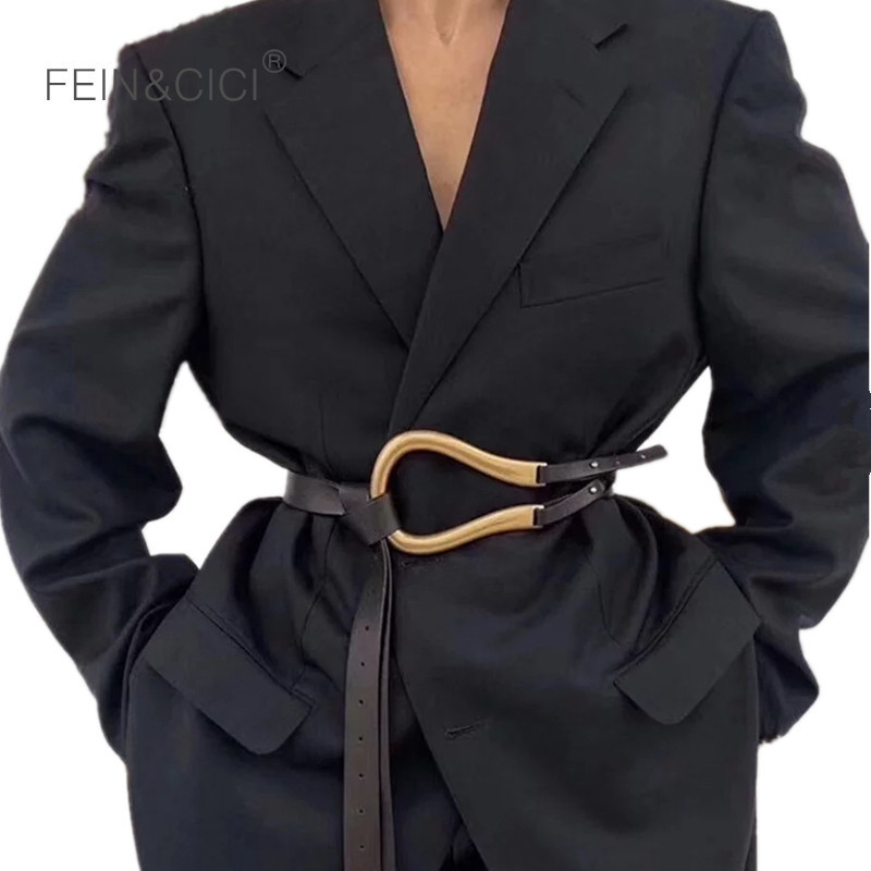 

100% Genuine Leather double Belts Luxury Metal U Buckle belt women girls retro vintage large belt for coat jeans black white LJ200923