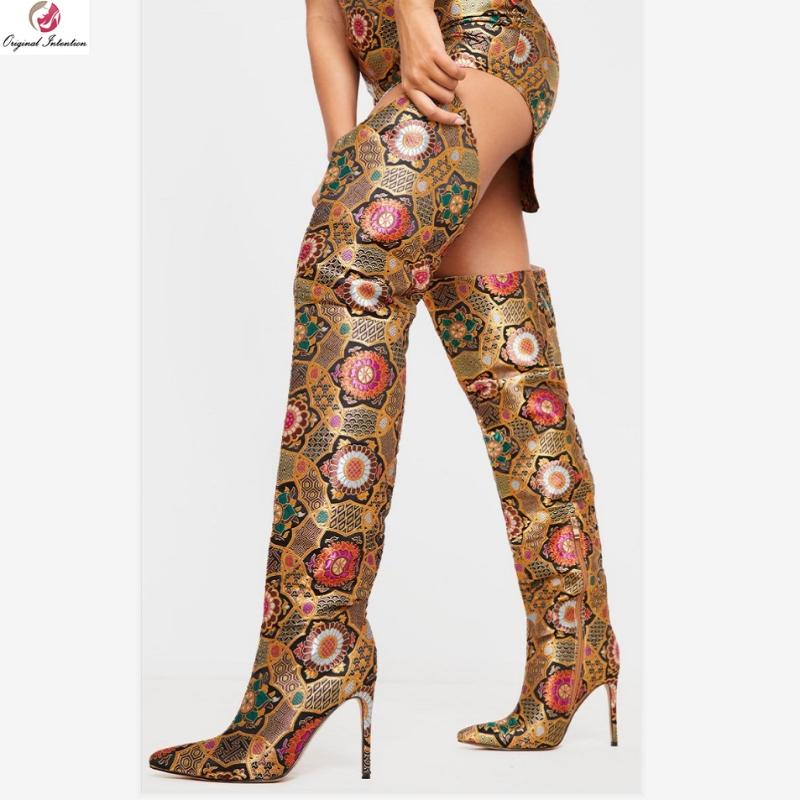 

Original Intention Stylish Flower Painting Thigh High Boots Woman Fashion Pointed Toe Stiletto High Heels Sexy Party Club Shoes, Oi1831 gold