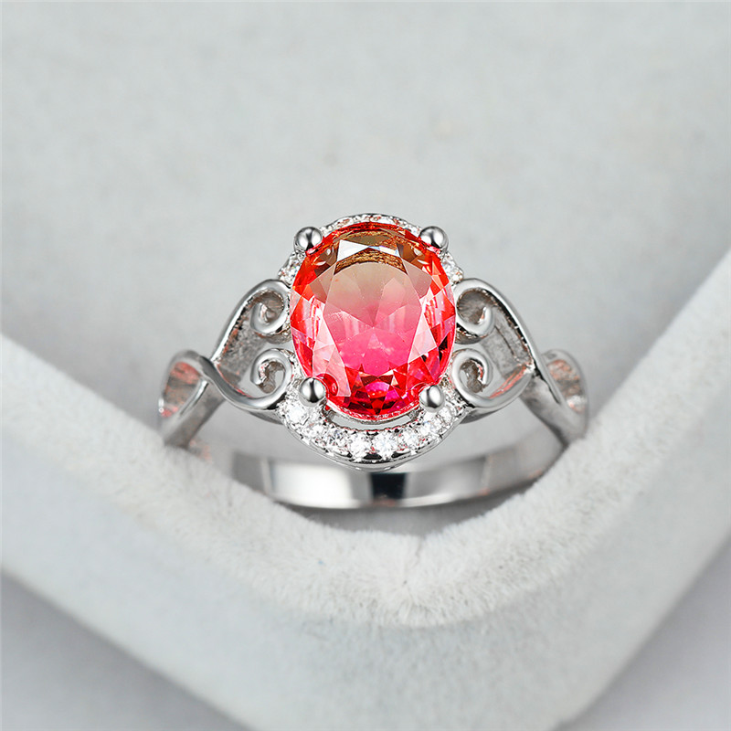 

Luxury Female Pink Yellow Crystal Ring Charm Silver Color Thin Wedding Rings For Women Vintage Oval Love Heart Engagement Ring