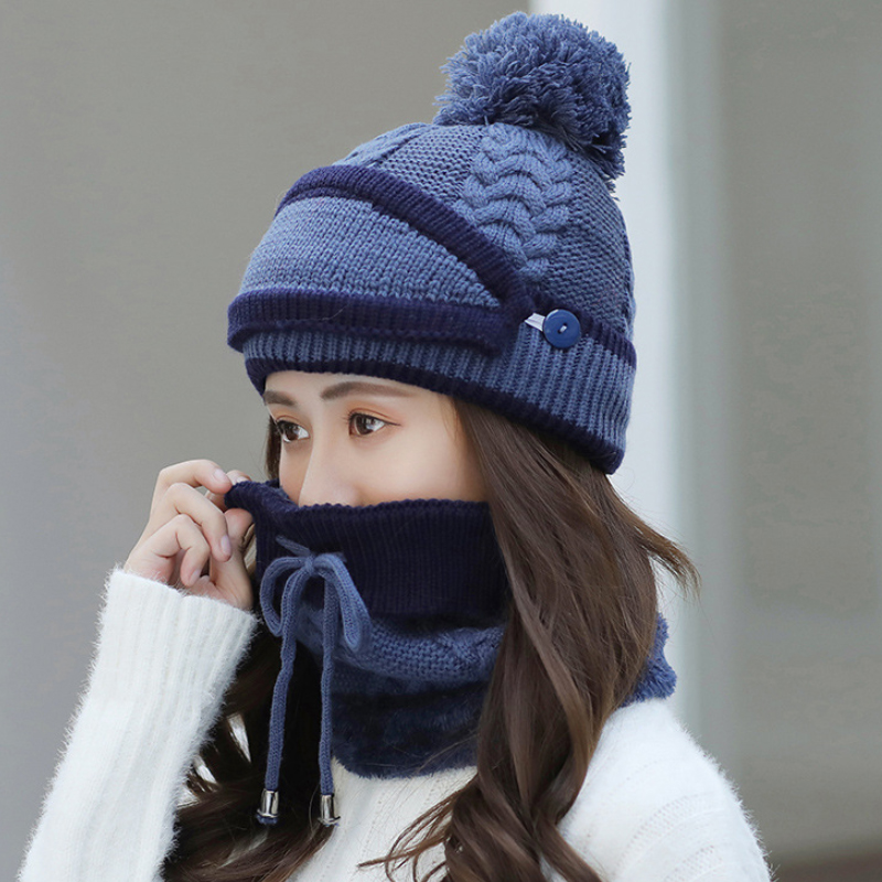 

Womens Winter Neck Warmer Beanie 3 Pcs Scarf Hat Mask Set Knitted Pom Pom Ski Snow Cap Color Matching Casual New Fashion Suits, Black
