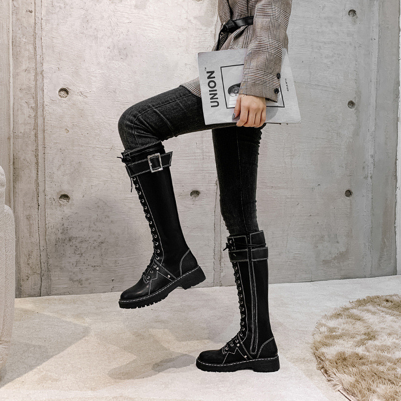

2020 Women Lace-Up zipper Knee-High Equestrian Boots Internal Celebrity Lady Cross-tied Motorcycle Botas Ladies Army Long Boots, 1 single lining
