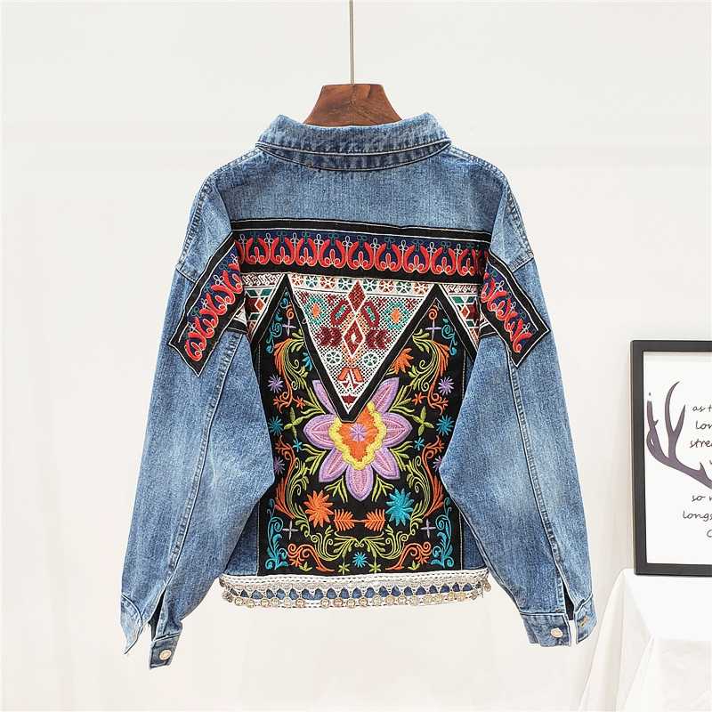 

Vintage Jeans Jacket Coat Women Handwork Beading Embroidery Flowers Loose Short Denim Jacket Female Long sleeve Outwear, Blue