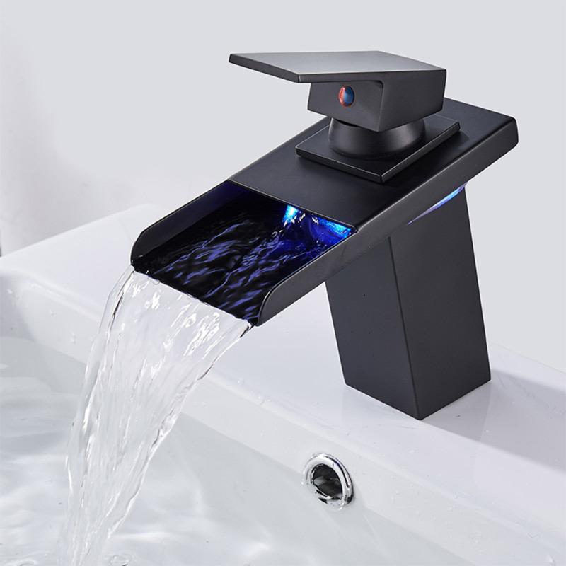 

LED Bathroom Basin Faucet Waterfall Copper Kitchen Mixer Tap Temperature Controller 3 Colors Hot Cold Wash Basin Sink Faucet