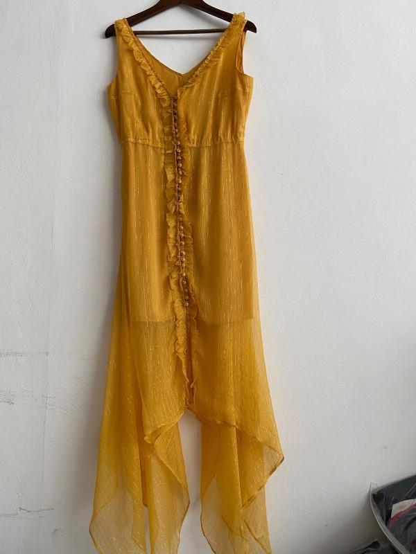 

Yellow silk sleeveless women dress v-neck Single-breasted ruffle Asymmetry lady midi dress 2020 new, As pic