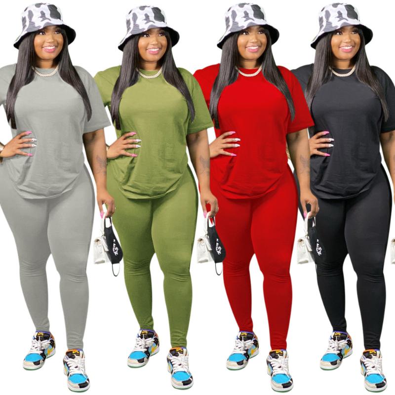 

Plus Size Solid Women Tracksuits 2020 New Summer Autumn Short Sleeves T Shirt and Pants Sports Clubwear Two Pieces Set Real, Army green