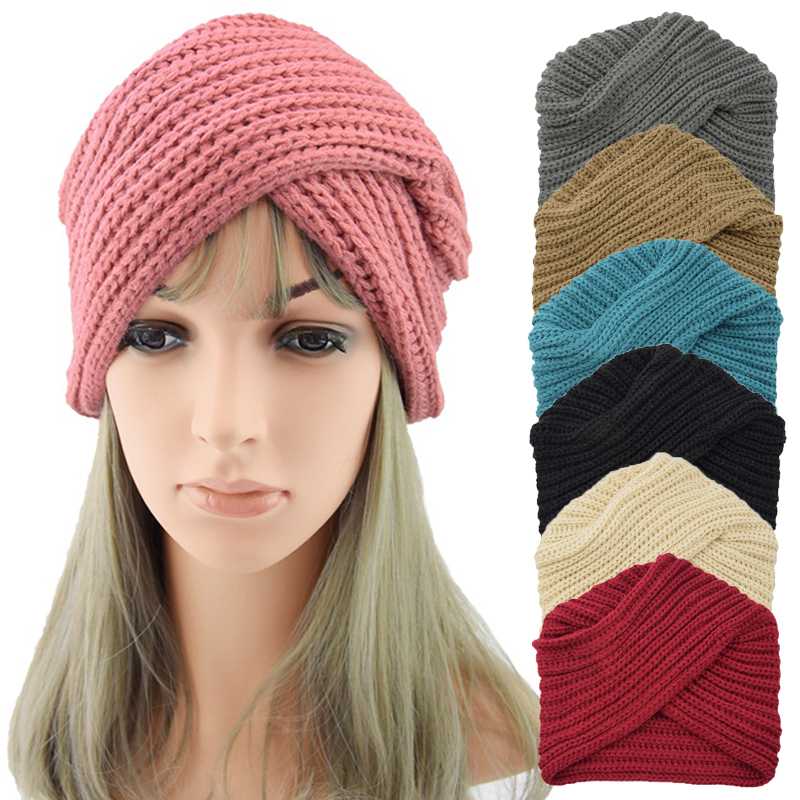 

Women New Bandanas Turban Winter Knit Turban Cap Center Cross Hair Scarfs Boho Knotted Bandana Muslim Hat Warm, White