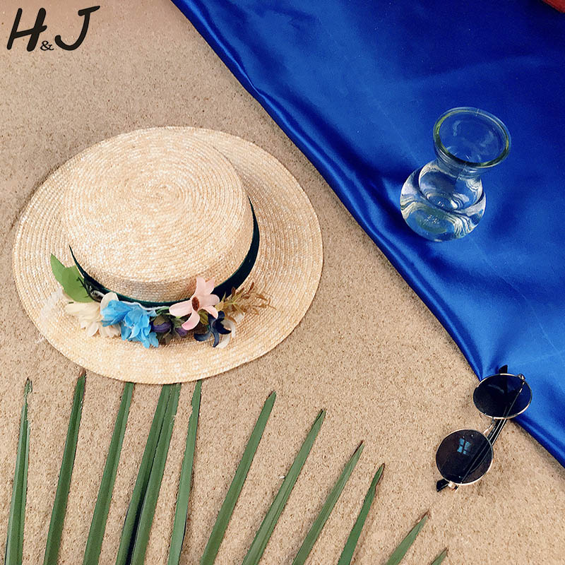 

Wheat Straw Women Sun Hat Lady Summer Flat Prok Pie Wide Brim Boater Hat Handmade Flower Size 56-58CM