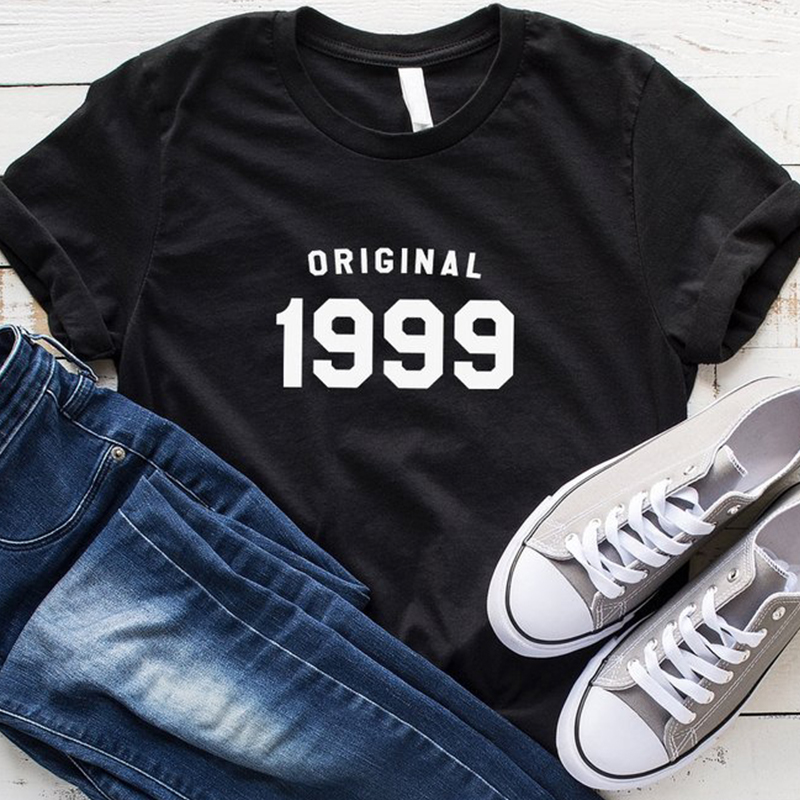 

Original 1999 21th Birthday T-shirt Women Fashion Aesthetic Letter Print Tshirt Casual Cotton Shirts Girl Tumblr Tops Drop Ship, Black