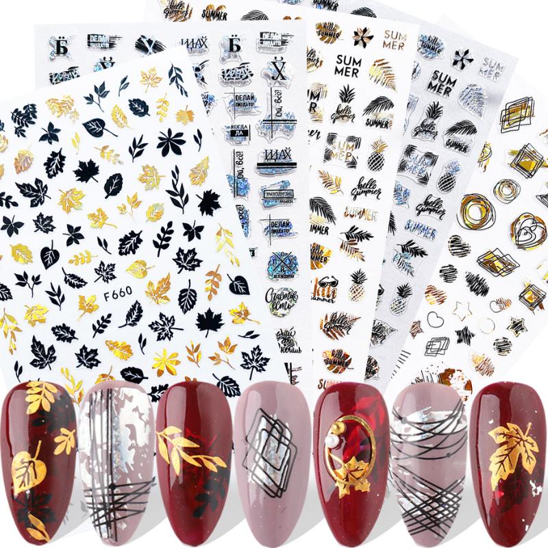 

8pcs Laser Leaf Nail Sticker Holographic Geometric 3D Transfer Decal Black White Leaves Summer Manicure Foil Set SAF654-661-2, F654-661 black white