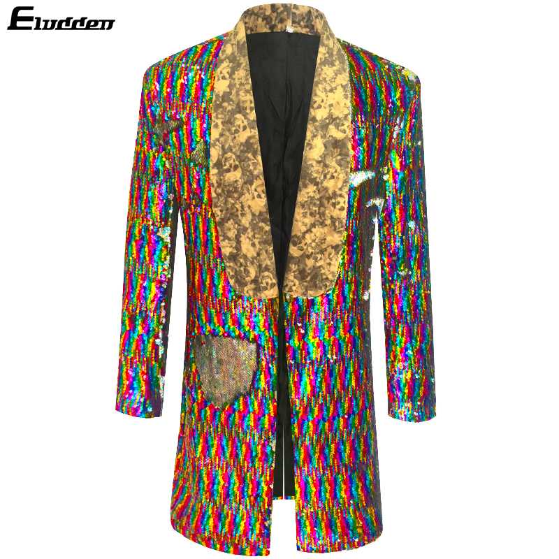 

Male Fashion Shawl Lapel Double-sided Colorful Sequins Long Suits Jacket Blazer Masculino Slim Fit Men DJ Singer Stage Costume, As picture