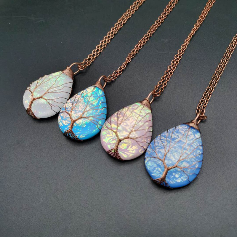 

Natural Stone Necklace for Women Drop Shaped Mother of Pearl Shell Pendant Chain Blue Pink Green Stones Necklaces Gemstone Female Jewelry