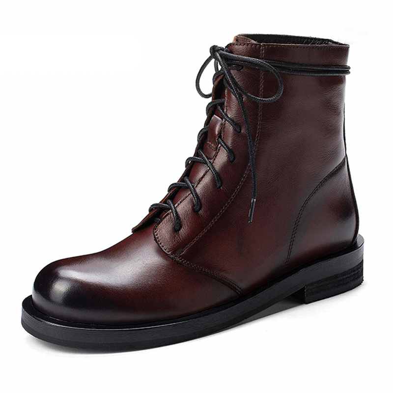 

women genuine leather ankle boots motorcycle laces boots winter buckle leather flat heel short laces boots, Black