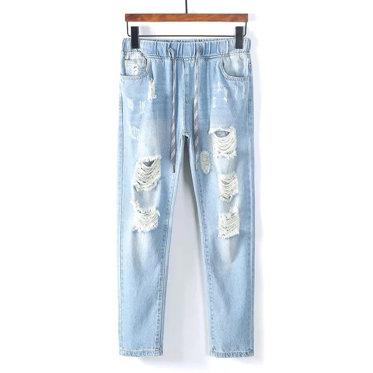 

New 2020 men's clothing fashion singer Hair Stylist Personalized lovers Beggar jeans slim skinny pants hole jeans costumes, Dark blue