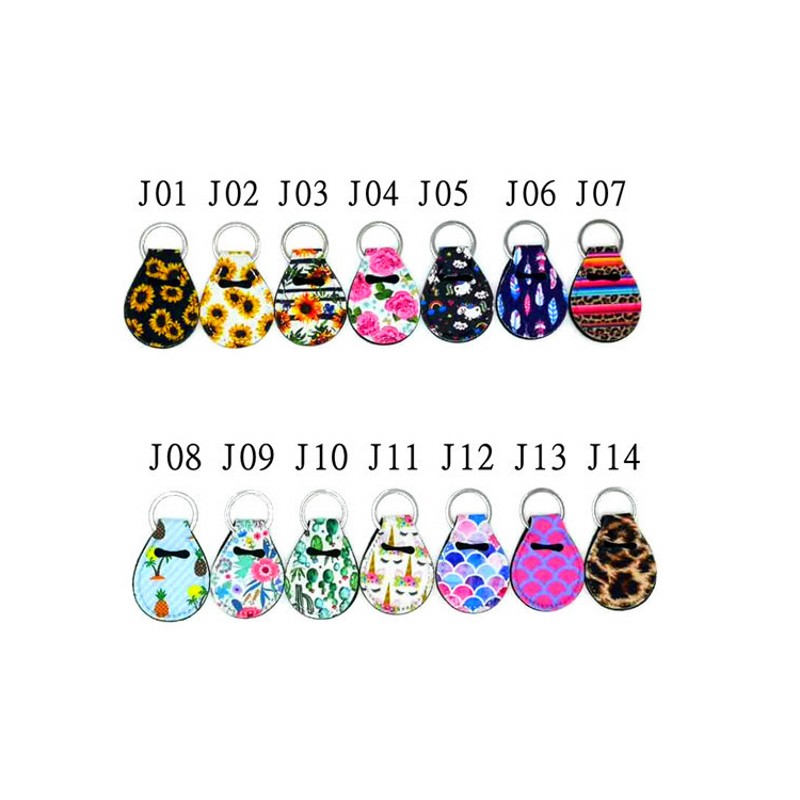 

14 Designs 30ml Neoprene Quarter Holder Keychain Diving Material for Party Favor Unicorn Pattern Floral Print with Metal Ring FY8120