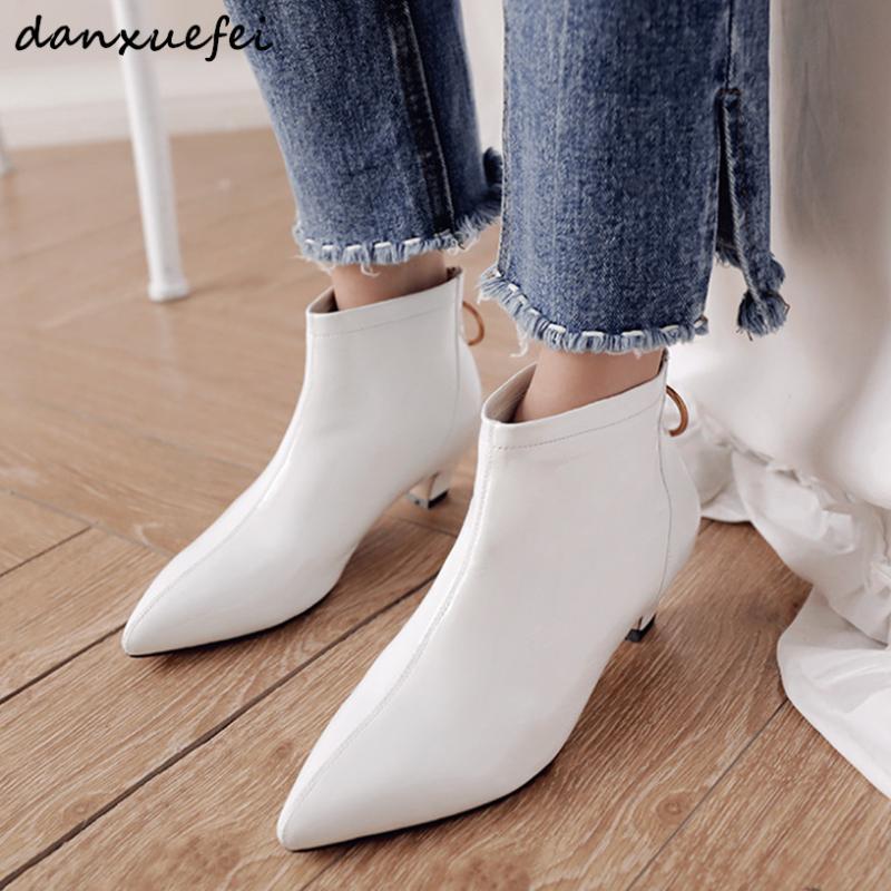 

Women's kitten heel white ankle boots genuine leather low heel short booties pointed toe autumn boots ladies comfortable shoes, Black