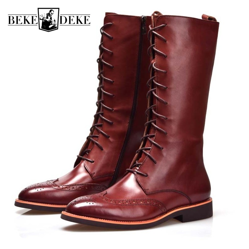 

British Style Pointed Toe Men Knee High Boots Genuine Leather Winter Long Booties Black Lace Up Boots 38-44