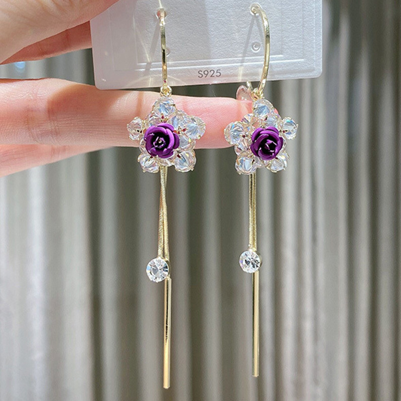 

New Arrival Purple/Red Flower Shape Cubic Zirconia Hoops Earrings for Women Long Tassel Earring Wedding Party Jewelry YEA469