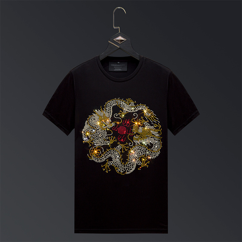 

2020Summer hot diamond national tide Double Dragon Chinese style short-sleeved T-shirt men's fashion clothes slim half sleeve T-shirt cotton, White