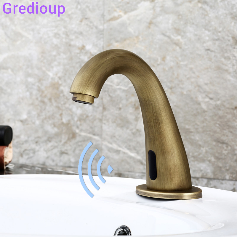 

Basin Intelligent Touchless Faucets Brushed Gold Smart Infrared Sensor Tap Single Cold Antique Faucet Deck Mount DC Power Taps