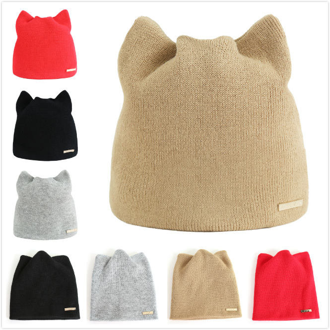 

Cat Ears Knitted Sleeve Cap Women's Solid Color and Simple Warm Ear Protection Hat, Black