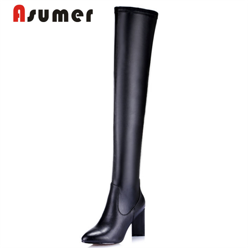 

ASUMER 2020 hot sale autumn boots simple pointed toe over the knee boots classic black popular PU+ genuine leather women
