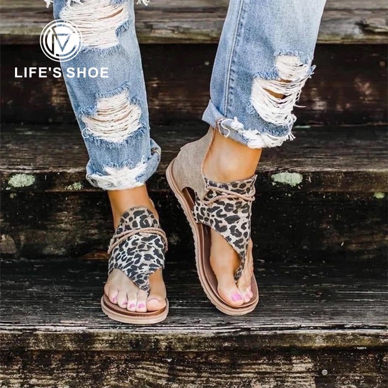 

NEW Summer Women Strap Sandals Women's Flats Open Toe Leopard Casual Shoes Rome Plus Thong Sandals Sexy Ladies Shoes, Brown