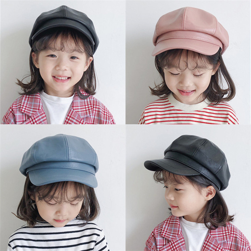 

Kids PU Leather Beret Hat Baby Boys Girls Fall Winter Newsboy Artist Cap Children French Octagonal Painter Hats Boina Barets, Black