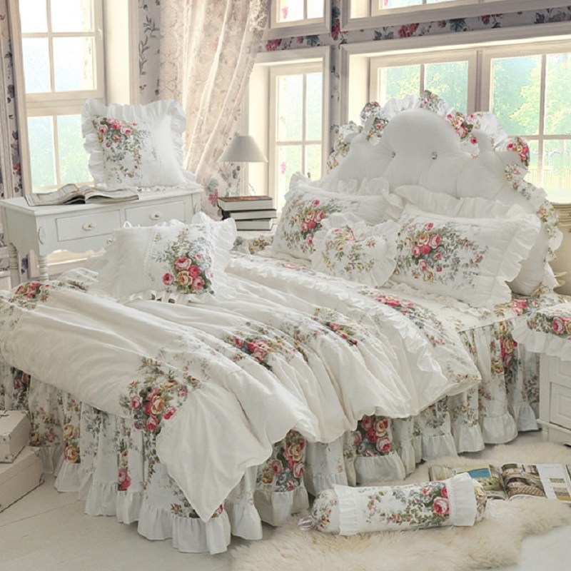 

Floral Princess Style Bedding Sets Girls Ruffle Lace Bedding Set Cotton Bed Linen Duvet Cover Bed Skirt Pillowcase 4pcs Sets, As picture