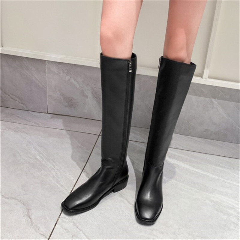 

PXELENA Plus Size 34-43 Women Knee High Knight Boots Natural Genuine Leather Zip Low Heels Riding Motorcycle Long Boots Shoes, Black autumn