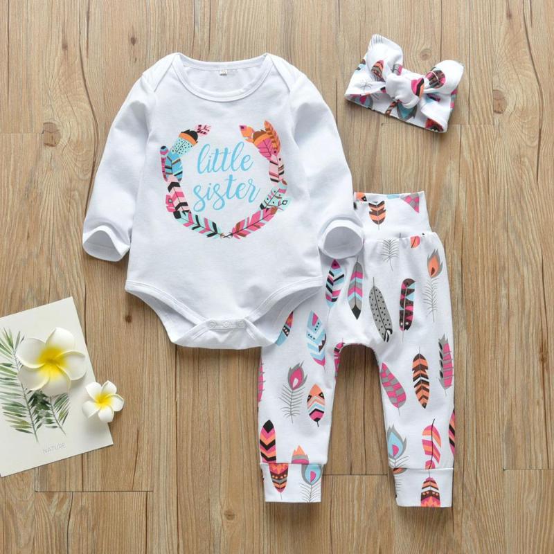 

3Pcs Newborn Clothes Baby Girls Clothing Set Casual Little Sister Bodysuit Tops+Floral Pants+Bowknot Headband Infant Outfits, As pic