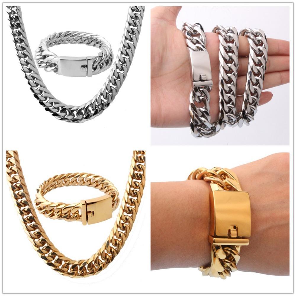 

16mm Cool Huge 316L Stainless Steel Silver Gold Tone Cuban Curb Chain Mens Boys Necklace 24"&Bracelet Bangle 8.66" Jewelry