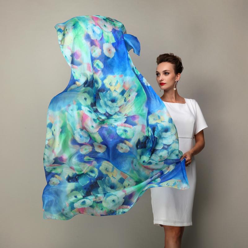 

2020 Women Winter Long Scarf Shawl Spring Autumn Female Blue Silk Scarves Printed Summer 100% Mulberry Silk Beach Cover-ups