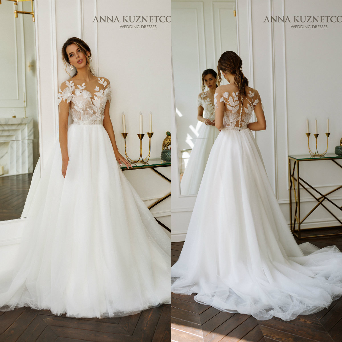 

2021 Elegant Wedding Dresses Short Sleeves Lace Appliques Bridal Gowns Custom Made Button Back Sweep Train A-Line Wedding Dress, Champagne