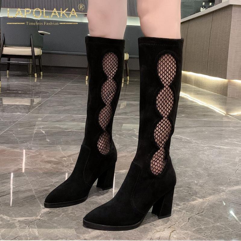 

Lapolaka New Arrivals Knee High Boots women's Concise Hollow Zipper Block Heels Riding Boots Tide Shoes Woman, Black