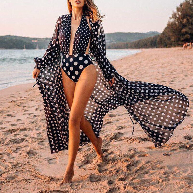 

2020 Sexy Women Bikini Cover UpFashion Ladies Beach Dress Swimwear Chiffon Polka Dot Bathing Suit Holiday Cardigan Beachwear, Black