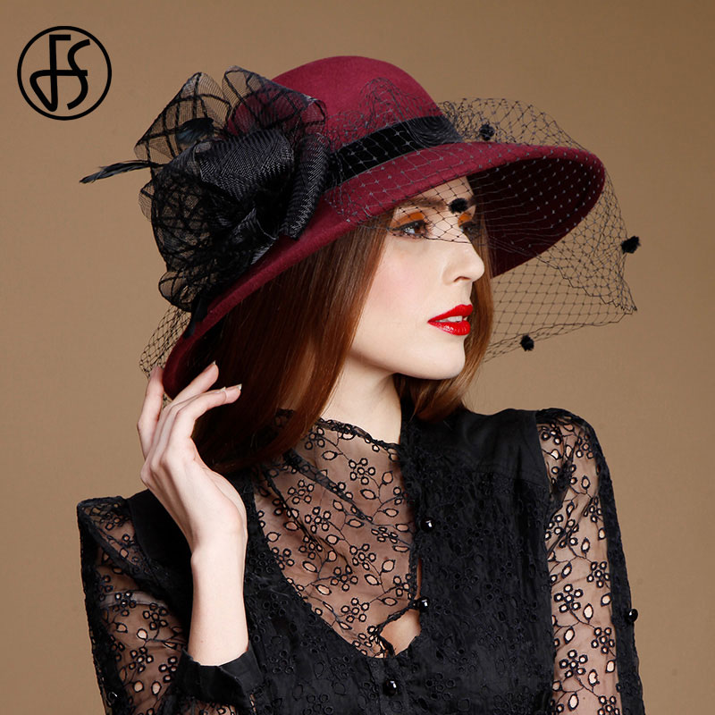 

FS Wool Hats For Women Fedora Wide Brim Hat With Veil Autumn Winter Felt Black Hat Lady Party Top Cloche Cap Sombrero