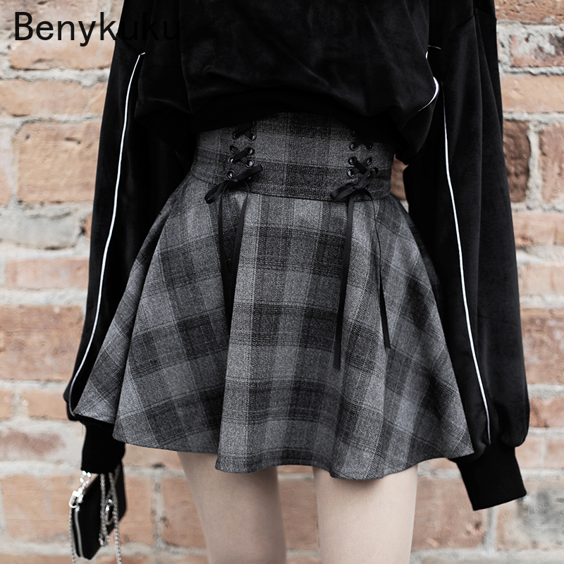 

Summer Autumn Harajuku Women Fashion Skirts Cute Gray Plaid Pleated Skirt Punk Style High Waist Female A-Line Mini Short Skirt