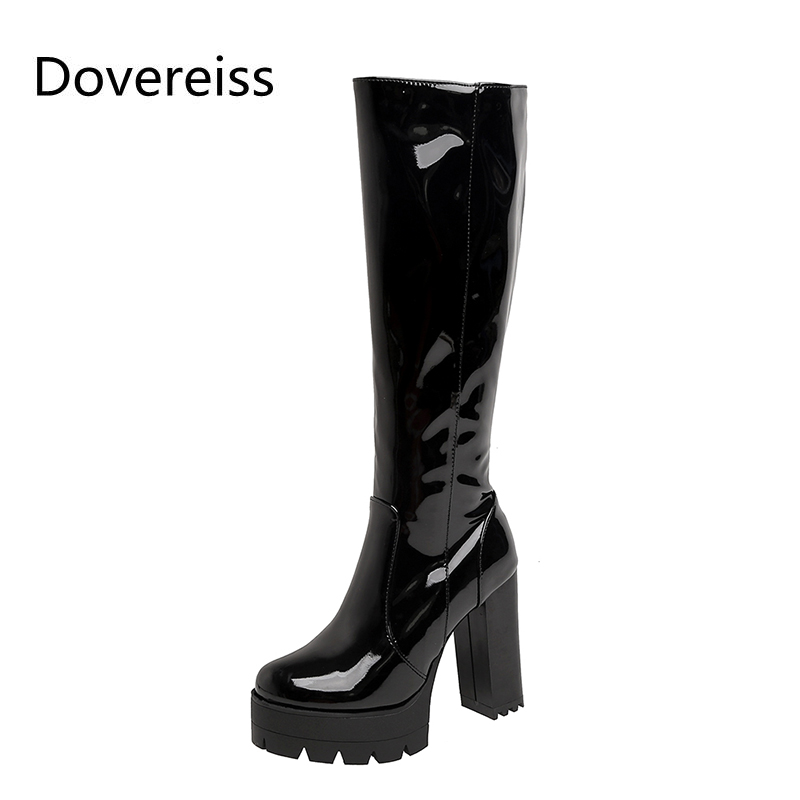 

Dovereiss Fashion Female boots Winter new Elegant sexy consice Zipper Block heels Round toe Pure color Knee high boots 34-43, Black