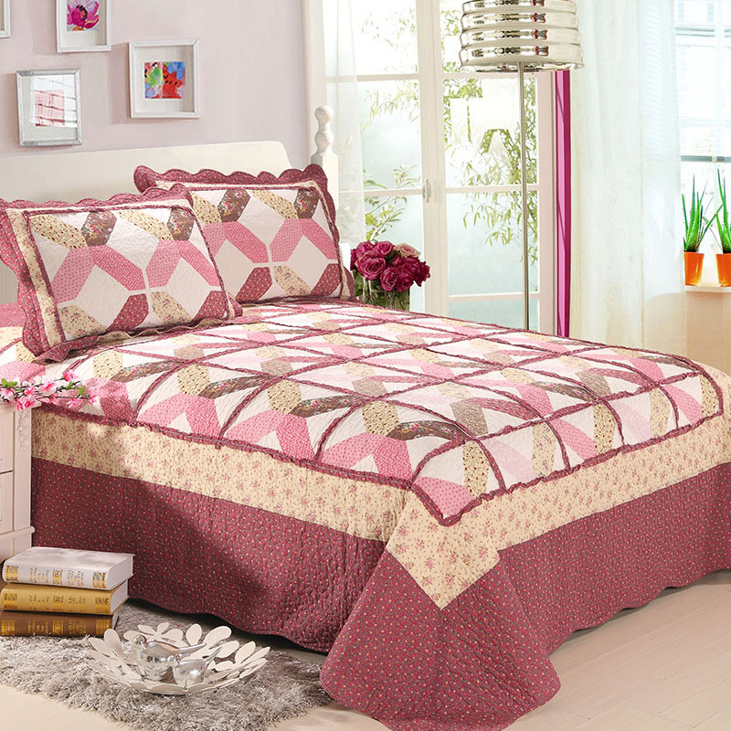 

Quality Floral Print Quilt Set 3PCS Include Bedspread Pillowcase Cotton Quilts Bed Cover Queen Size Quilted Bedding Coverlet, Green